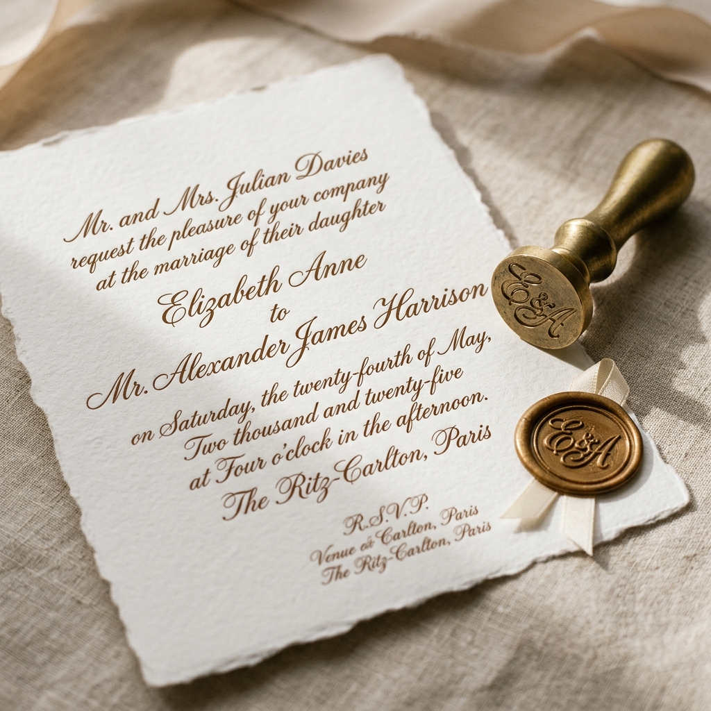 Luxury wedding invitation with wax seal and gold calligraphy — SAMAIO Event OS offline wedding planning